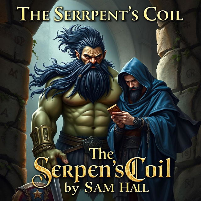 A realistic fantasy book cover depicting a large Orc with flowing black hair and a full, well-groomed beard, standing confidently next to a slender human man who also has sleek black hair and an elegant beard, partially visible beneath a flowing blue hood