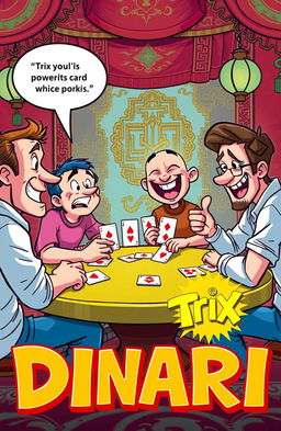 A vibrant cartoon scene depicting four people gathered around a playing table, each holding a card
