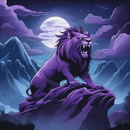 2D image of a roaring lion in tattoo style, perched on a cliff, with black crows, blue fire, mist and a waterfall under a stormy purple night sky with a full moon and gusting wind