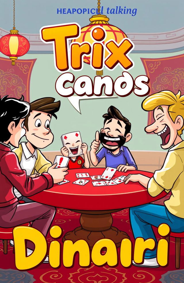 A vibrant cartoon scene depicting four people gathered around a playing table, each holding a card