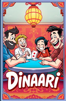A vibrant cartoon scene depicting four people gathered around a playing table, each holding a card