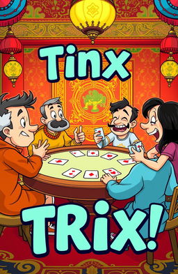 A vibrant cartoon scene depicting four people gathered around a playing table, each holding a card