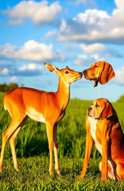 A majestic doe and a playful bloodhound standing together in front of a lush green field