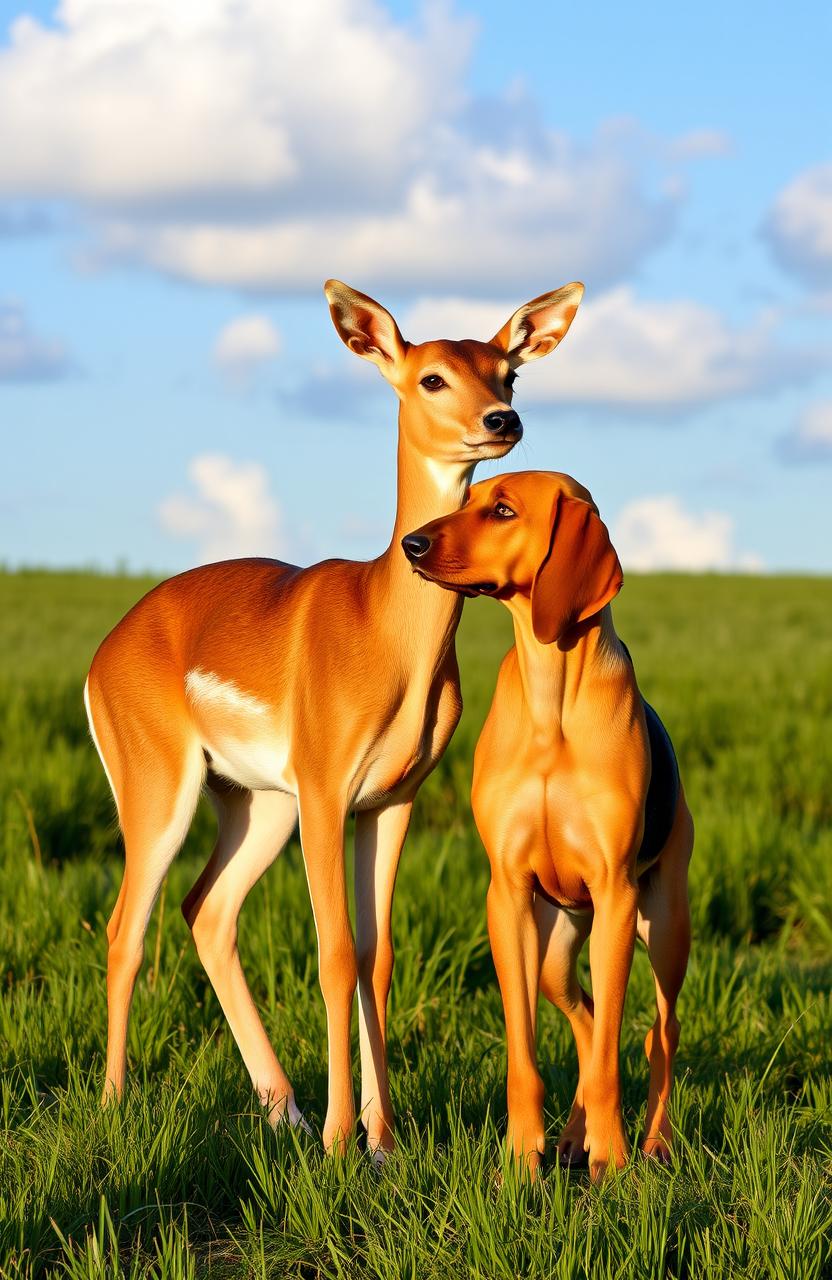 A majestic doe and a playful bloodhound standing together in front of a lush green field