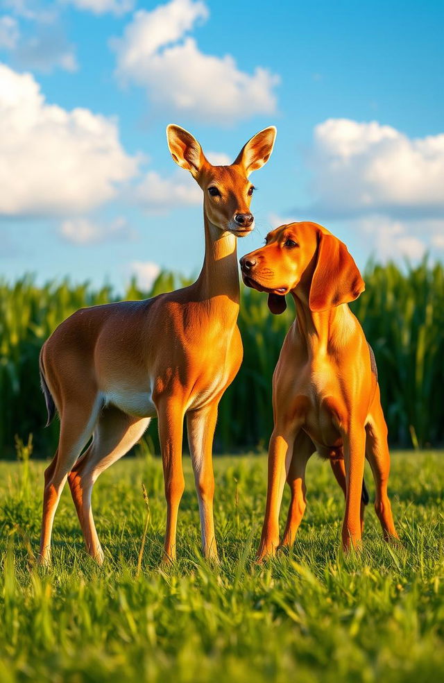 A majestic doe and a playful bloodhound standing together in front of a lush green field