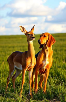 A majestic doe and a playful bloodhound standing together in front of a lush green field