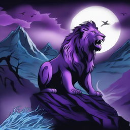 2D image of a roaring lion in tattoo style, perched on a cliff, with black crows, blue fire, mist and a waterfall under a stormy purple night sky with a full moon and gusting wind