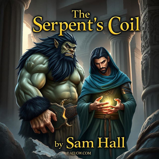 A realistic fantasy book cover depicting a large Orc with striking black hair and a full, rugged beard, standing beside a slender human man with sleek black hair and an elegantly groomed beard, partially visible under a flowing blue hood