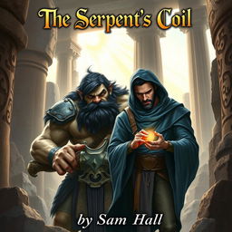 A realistic fantasy book cover depicting a large Orc with striking black hair and a full, rugged beard, standing beside a slender human man with sleek black hair and an elegantly groomed beard, partially visible under a flowing blue hood