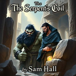 A realistic fantasy book cover depicting a large Orc with striking black hair and a full, rugged beard, standing beside a slender human man with sleek black hair and an elegantly groomed beard, partially visible under a flowing blue hood