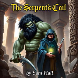 A realistic fantasy book cover depicting a large Orc with striking black hair and a full, rugged beard, standing beside a slender human man with sleek black hair and an elegantly groomed beard, partially visible under a flowing blue hood