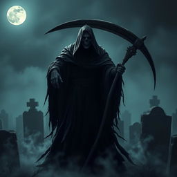 A menacing reaper figure cloaked in dark tattered robes, wielding a large scythe