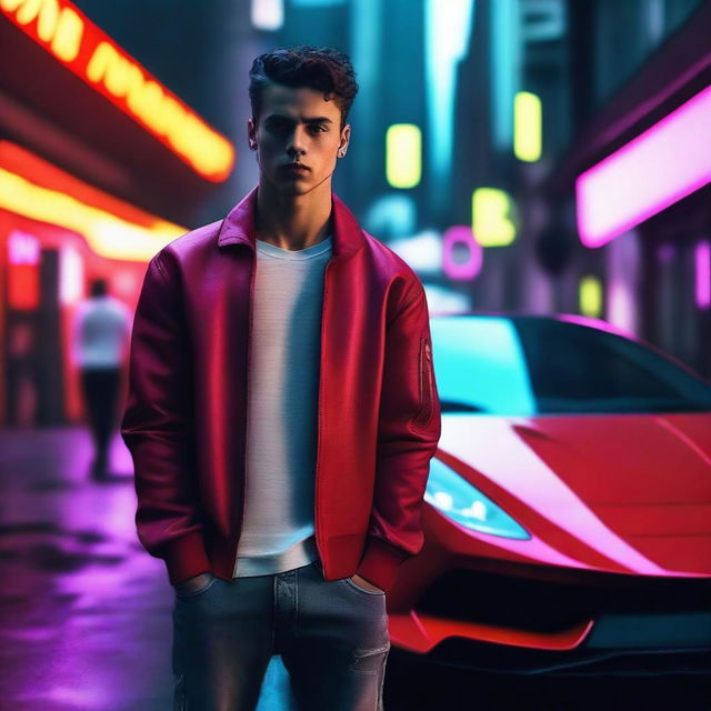 A hyperrealistic 4K image of a cool, handsome young man leaning against a future Ferrari, set in a cyberpunk environment.