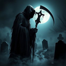 A menacing reaper figure cloaked in dark tattered robes, wielding a large scythe