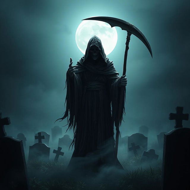 A menacing reaper figure cloaked in dark tattered robes, wielding a large scythe