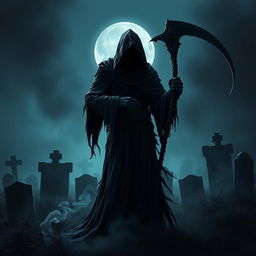 A menacing reaper figure cloaked in dark tattered robes, wielding a large scythe