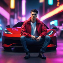 A hyperrealistic 4K image of a cool, handsome young man leaning against a future Ferrari, set in a cyberpunk environment.