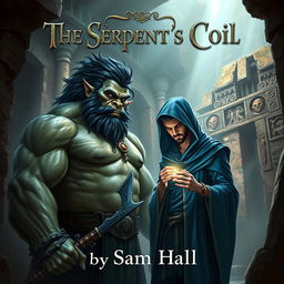 A realistic fantasy book cover showcasing a large Orc with striking black hair and a well-groomed beard, standing alongside a slender human man with elegant black hair and a neatly styled beard, partially obscured under a billowing blue hood