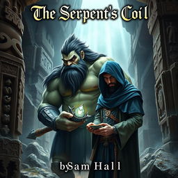 A realistic fantasy book cover showcasing a large Orc with striking black hair and a well-groomed beard, standing alongside a slender human man with elegant black hair and a neatly styled beard, partially obscured under a billowing blue hood