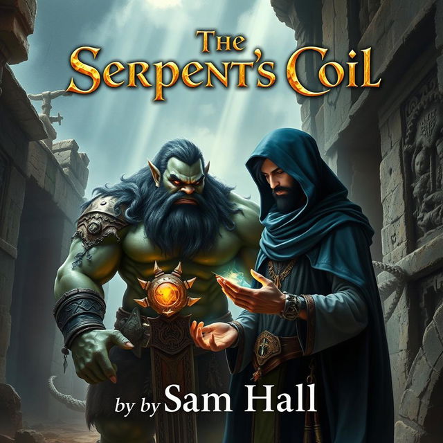 A realistic fantasy book cover showcasing a large Orc with striking black hair and a well-groomed beard, standing alongside a slender human man with elegant black hair and a neatly styled beard, partially obscured under a billowing blue hood