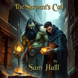 A realistic fantasy book cover showcasing a large Orc with striking black hair and a well-groomed beard, standing alongside a slender human man with elegant black hair and a neatly styled beard, partially obscured under a billowing blue hood