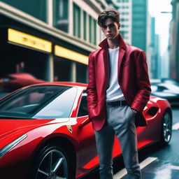 A hyperrealistic 4K image of a cool, handsome young man leaning against a future Ferrari, set in a cyberpunk environment.