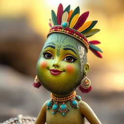 A realistic feminine avocado character, without arms and legs, designed to embody Aztec cultural elements
