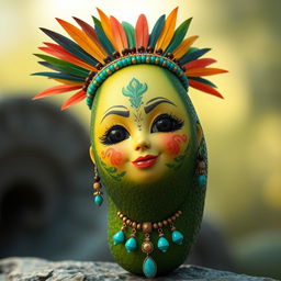 A realistic feminine avocado character, without arms and legs, designed to embody Aztec cultural elements