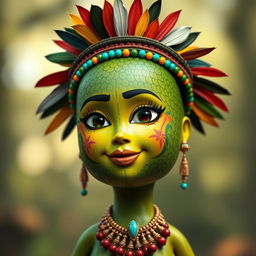 A realistic feminine avocado character, without arms and legs, designed to embody Aztec cultural elements