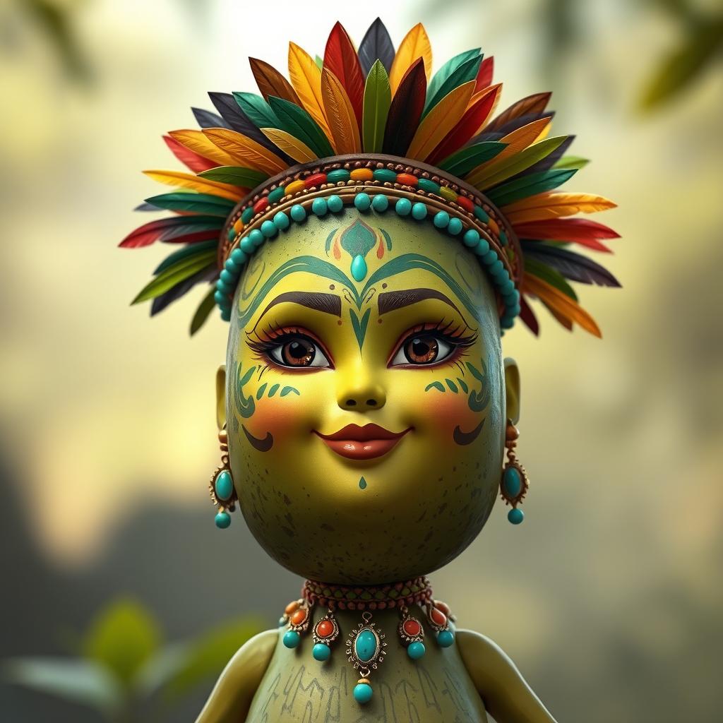 A realistic feminine avocado character, without arms and legs, designed to embody Aztec cultural elements