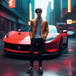 A hyperrealistic 4K image of a cool, handsome young man leaning against a future Ferrari, set in a cyberpunk environment.