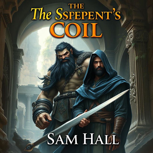 A realistic fantasy book cover illustrating a large Orc warrior with striking black hair and a robust beard, standing alongside a slender human rogue man with sleek black hair and an elegantly styled beard, partially shrouded under a flowing blue hood