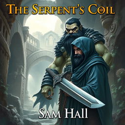 A realistic fantasy book cover illustrating a large Orc warrior with striking black hair and a robust beard, standing alongside a slender human rogue man with sleek black hair and an elegantly styled beard, partially shrouded under a flowing blue hood