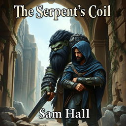 A realistic fantasy book cover illustrating a large Orc warrior with striking black hair and a robust beard, standing alongside a slender human rogue man with sleek black hair and an elegantly styled beard, partially shrouded under a flowing blue hood