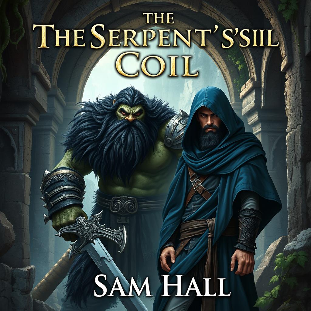 A realistic fantasy book cover illustrating a large Orc warrior with striking black hair and a robust beard, standing alongside a slender human rogue man with sleek black hair and an elegantly styled beard, partially shrouded under a flowing blue hood