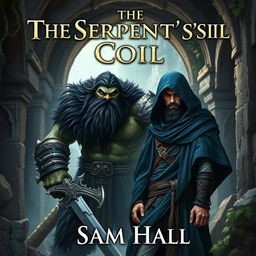 A realistic fantasy book cover illustrating a large Orc warrior with striking black hair and a robust beard, standing alongside a slender human rogue man with sleek black hair and an elegantly styled beard, partially shrouded under a flowing blue hood