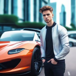 A hyperrealistic 4K image of a cool, handsome young man leaning against a futuristic sports car.