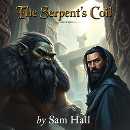 A realistic fantasy book cover depicting a large Orc warrior with striking black hair and a robust beard, alongside a slender human rogue man featuring sleek black hair and an elegantly styled beard, partially hidden under a flowing blue hood