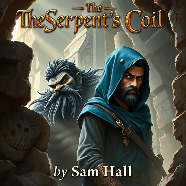 A realistic fantasy book cover depicting a large Orc warrior with striking black hair and a robust beard, alongside a slender human rogue man featuring sleek black hair and an elegantly styled beard, partially hidden under a flowing blue hood