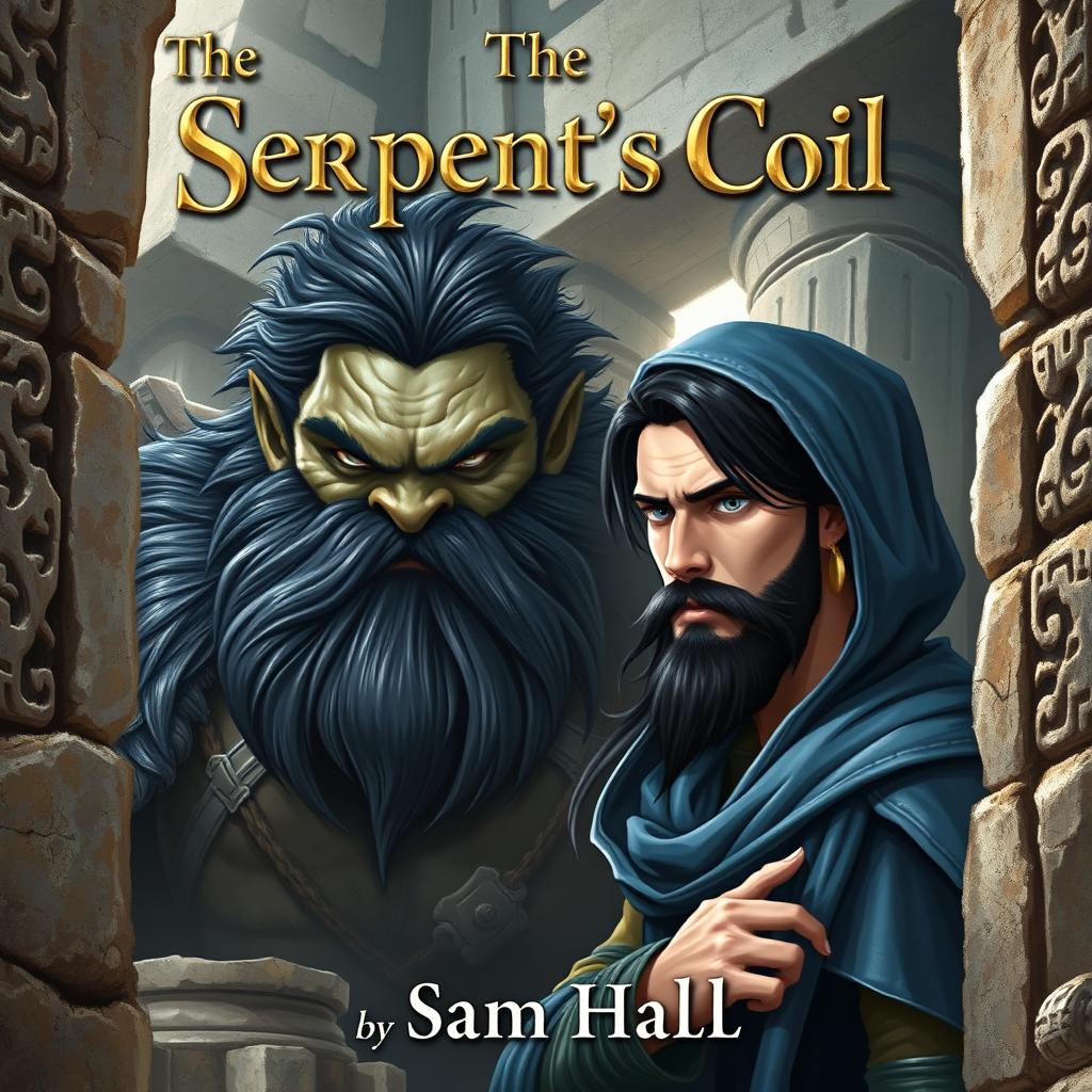 A realistic fantasy book cover depicting a large Orc warrior with striking black hair and a robust beard, alongside a slender human rogue man featuring sleek black hair and an elegantly styled beard, partially hidden under a flowing blue hood