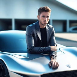 A hyperrealistic 4K image of a cool, handsome young man leaning against a futuristic sports car.