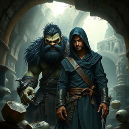 A realistic fantasy book cover featuring a large Orc warrior with striking black hair and a robust beard, alongside a slender human rogue male, who has sleek black hair and an elegant beard peeking out from under a deep blue hood