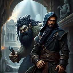 A realistic fantasy book cover featuring a large Orc warrior with striking black hair and a robust beard, alongside a slender human rogue male, who has sleek black hair and an elegant beard peeking out from under a deep blue hood