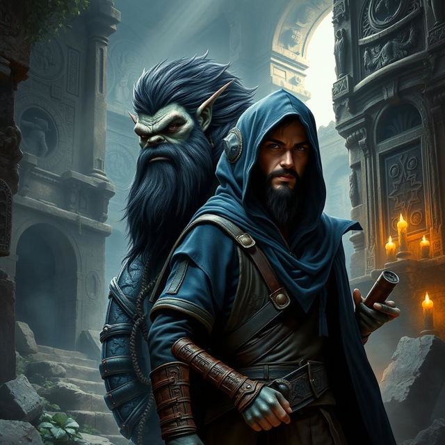 A realistic fantasy book cover featuring a large Orc warrior with striking black hair and a robust beard, alongside a slender human rogue male, who has sleek black hair and an elegant beard peeking out from under a deep blue hood