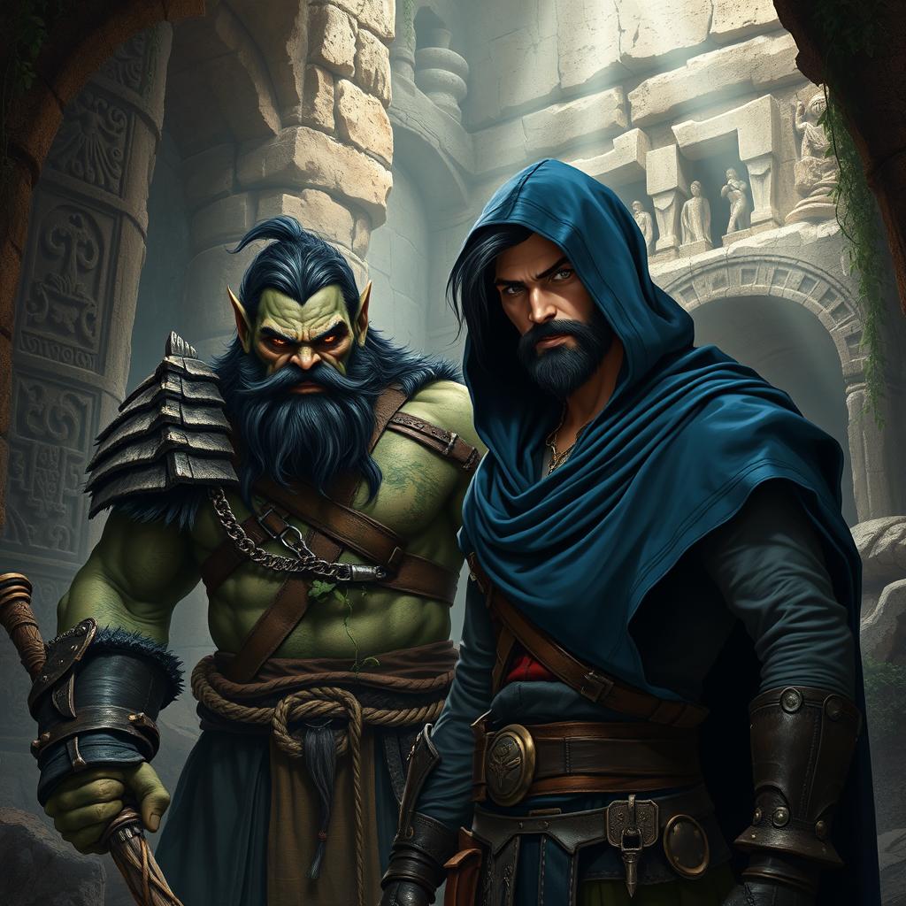 A realistic fantasy book cover featuring a large Orc warrior with striking black hair and a robust beard, alongside a slender human rogue male, who has sleek black hair and an elegant beard peeking out from under a deep blue hood