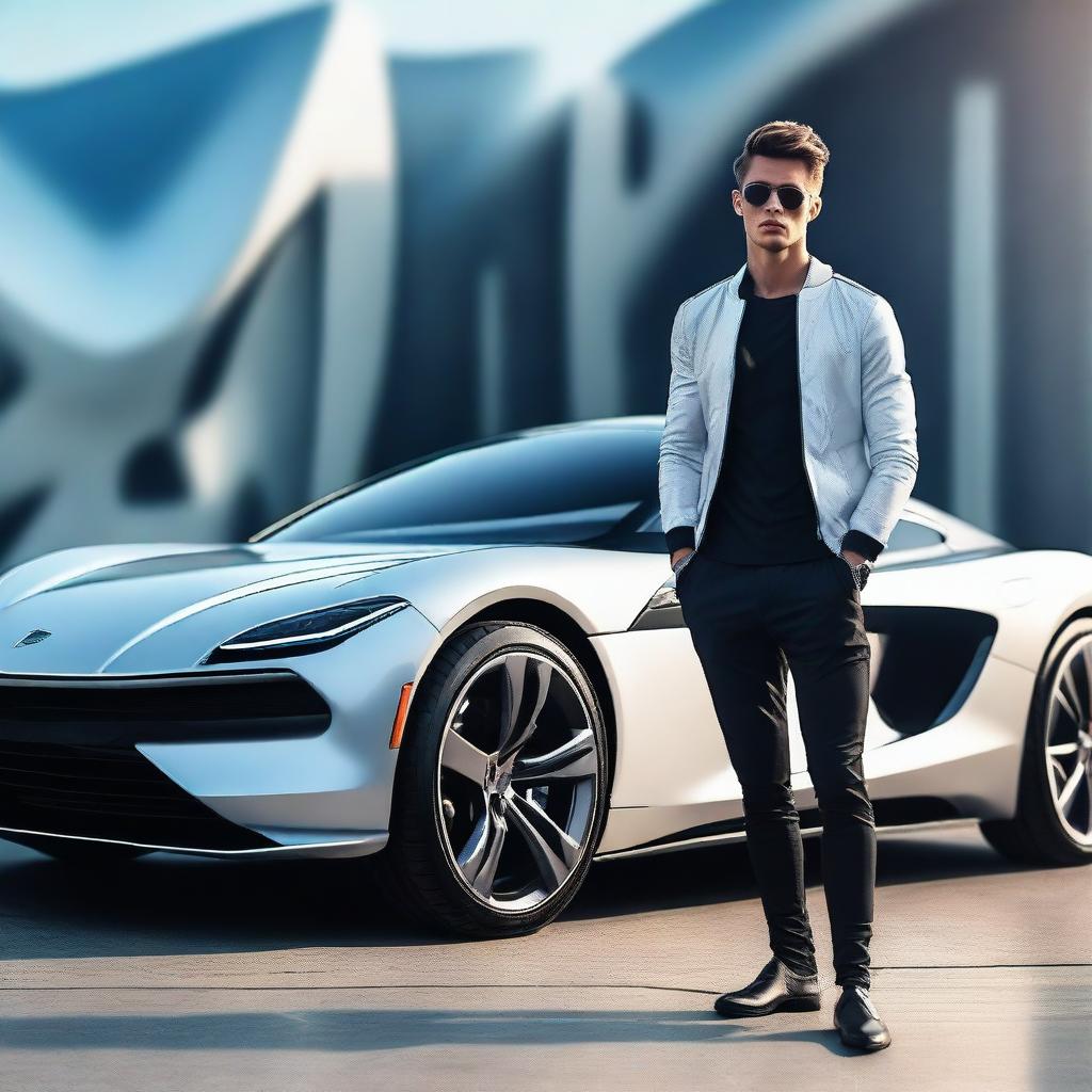 A hyperrealistic 4K image of a cool, handsome young man leaning against a futuristic sports car.