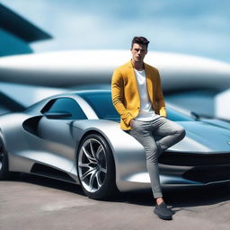 A hyperrealistic 4K image of a cool, handsome young man leaning against a futuristic sports car.