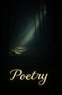 A mysterious path winding through a dark forest, illuminated by faint, ethereal light filtering through the trees