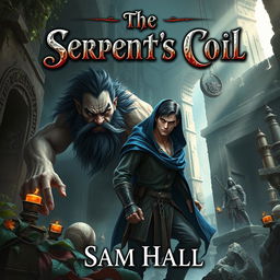 A realistic fantasy book cover for 'The Serpent's Coil' by Sam Hall, featuring a large Orc warrior with striking black hair and a robust beard, alongside a slender human rogue male, who has sleek black hair and an elegant beard peeking out from under a deep blue hood