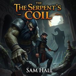 A realistic fantasy book cover for 'The Serpent's Coil' by Sam Hall, featuring a large Orc warrior with striking black hair and a robust beard, alongside a slender human rogue male, who has sleek black hair and an elegant beard peeking out from under a deep blue hood